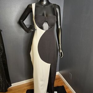 Elegant Black and White Colorblock Dress With Cutout